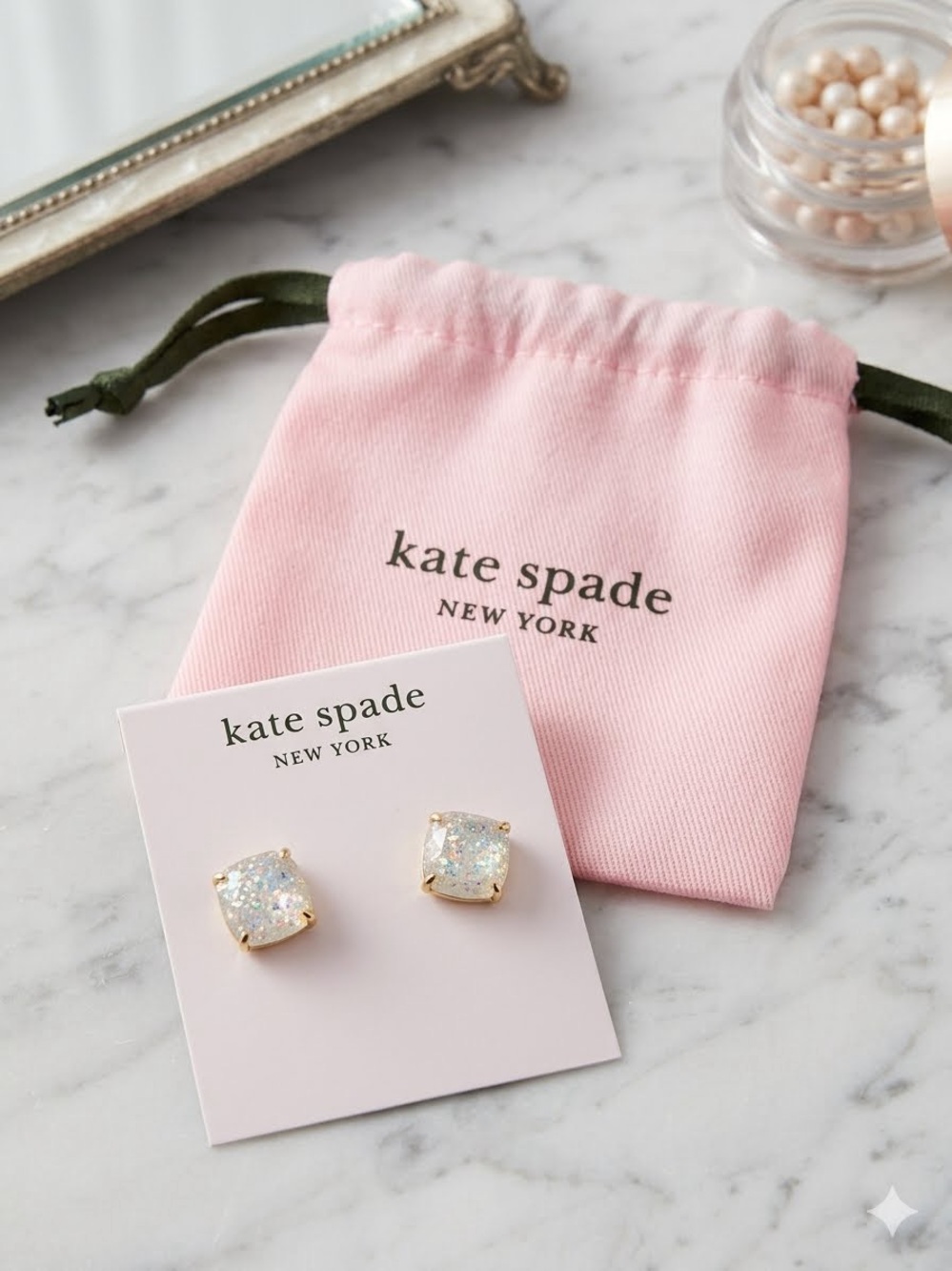 kate spade Kids Pink Pouch with Iridescent Glitter Gold-Setting Stud Earrings